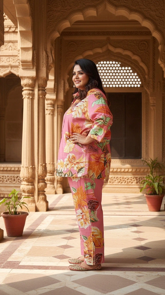 Plus Size Pink Floral Cotton Co-ord Set – Comfortable Everyday Wear for Women