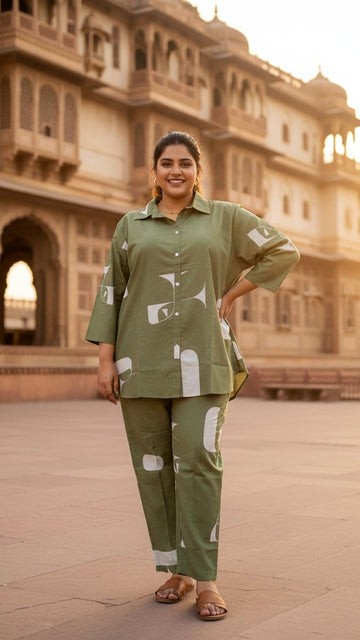 Plus Size Green Cotton Co-ord Set – Comfortable Everyday Wear for Women