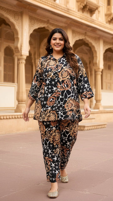 Plus Size Black Abstract Cotton Co-ord Set – Comfortable Everyday Wear for Women