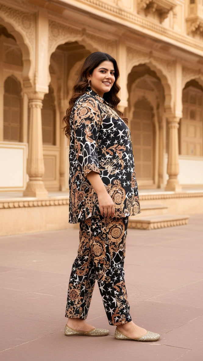 Plus Size Black Abstract Cotton Co-ord Set – Comfortable Everyday Wear for Women