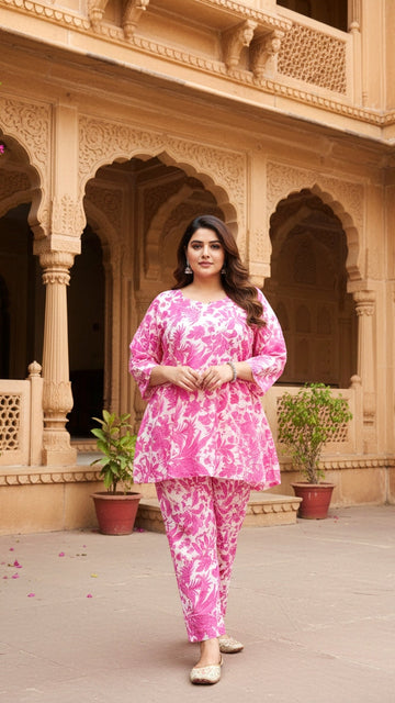 Plus Size Pink Jungle Cotton Co-ord Set – Comfortable Everyday Wear for Women
