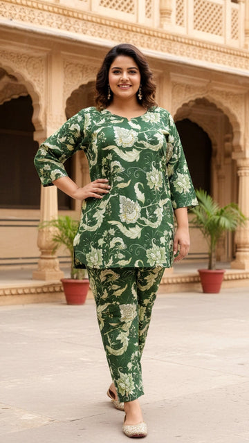 Plus Size Green Jungle Cotton Co-ord Set – Comfortable Everyday Wear for Women