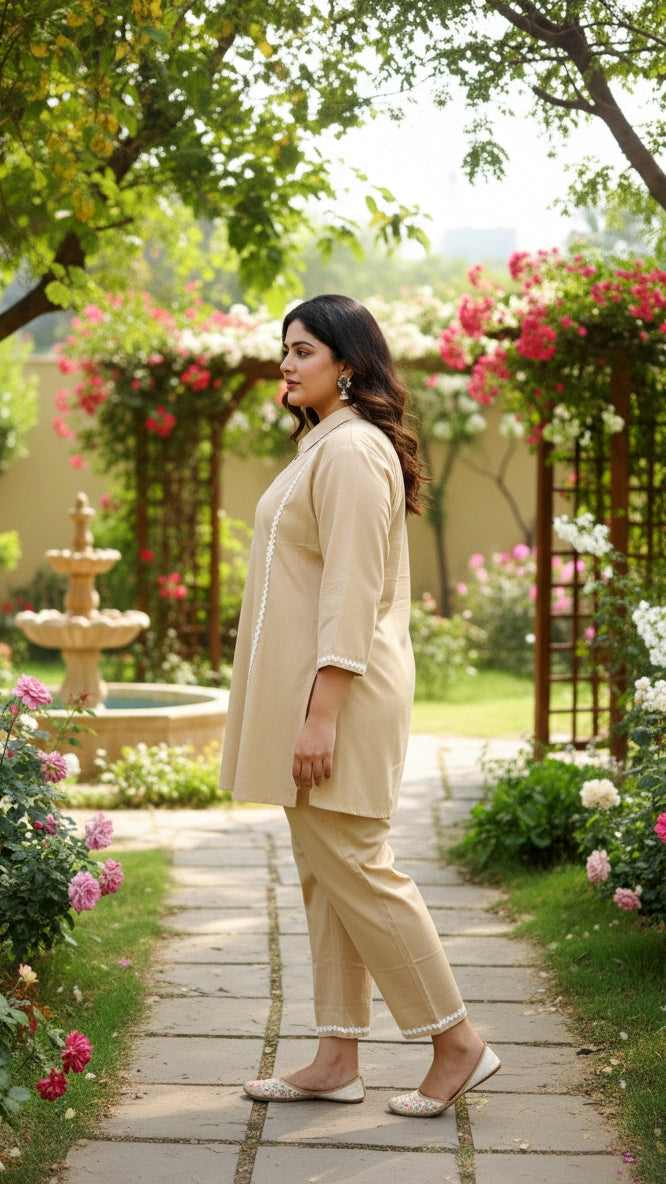 Plus Size Solid Beige Cotton Co-ord Set – Comfortable Everyday Wear for Women