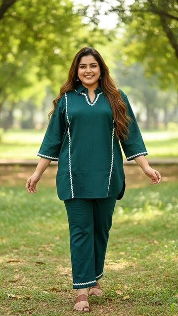 Plus Size Solid Green Cotton Co-ord Set – Comfortable Everyday Wear for Women