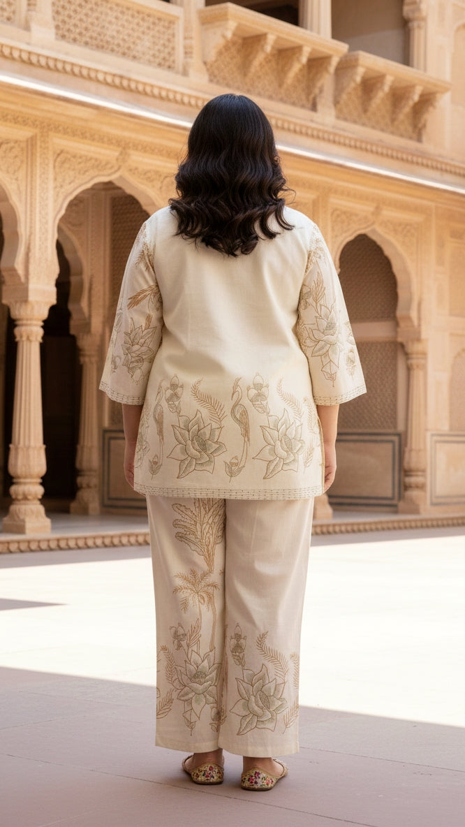 Plus Size Beige Ethnic Cotton Co-ord Set – Comfortable Everyday Wear for Women