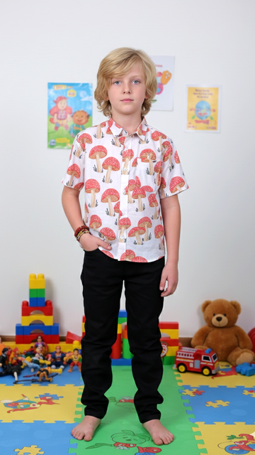 Toadstool Mushroom Print Boy’s Shirt – White
