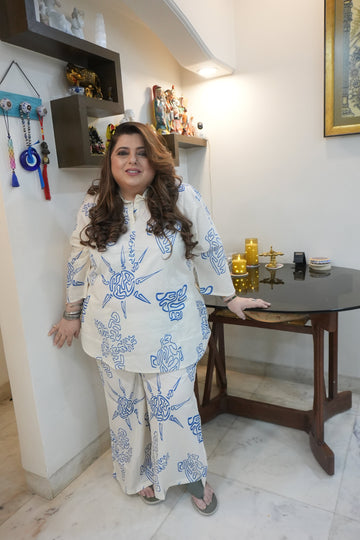 Plus Size Blue & White Cotton Co-ord Set – Comfortable Everyday Wear