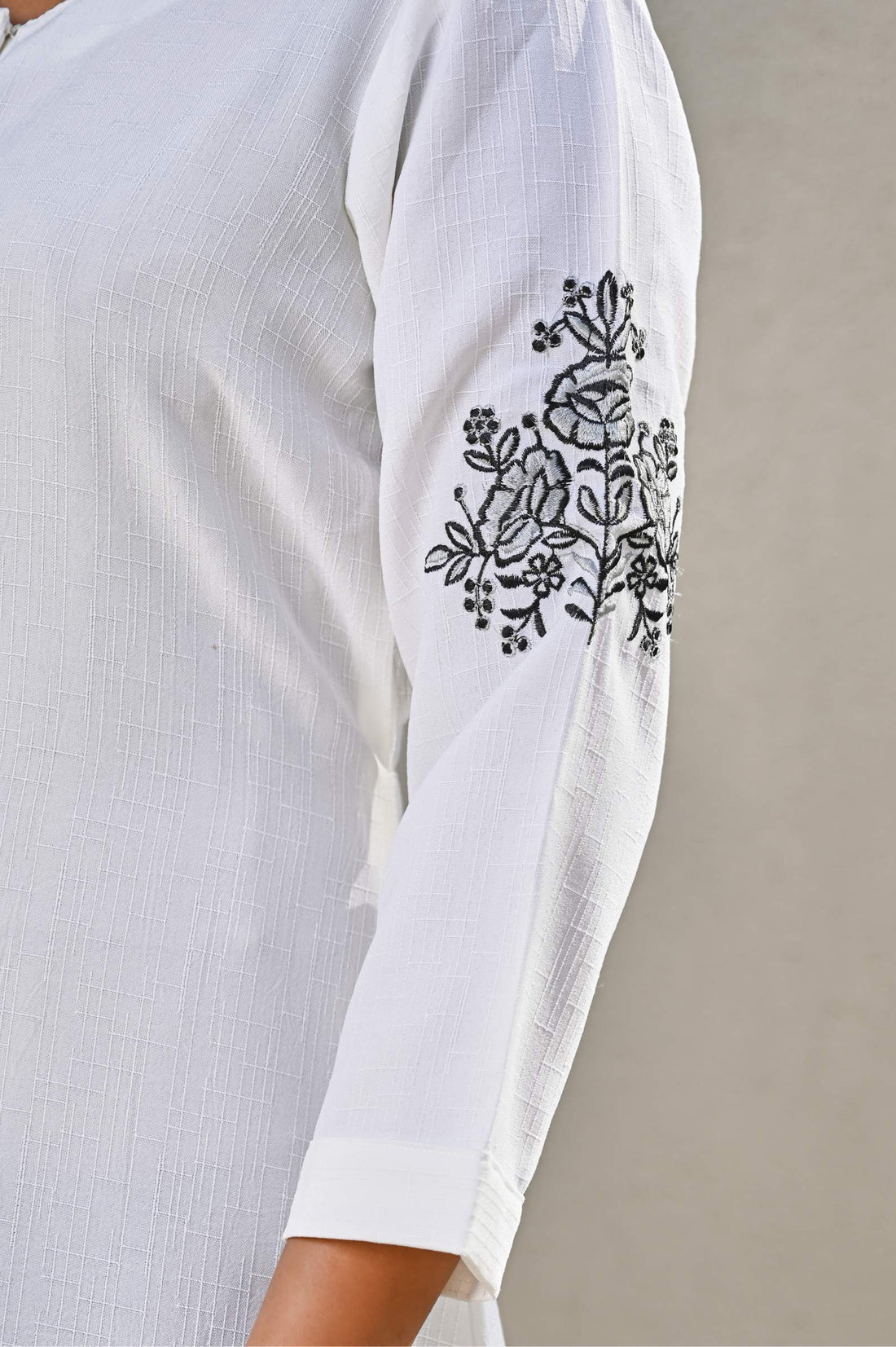 White Front-Button Cotton Dress  with Black Floral Embroidery