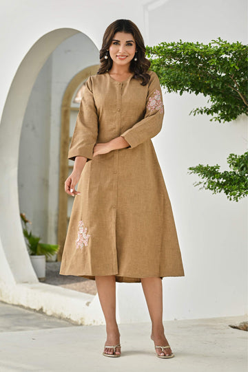Elegant Brown A-Line Cotton Dress with Floral Embroidery