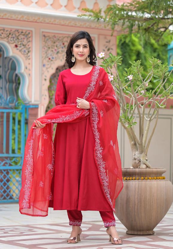 Rayon Anarkali Long Flared Gown pant dupatta set | | Shop stylish women's clothing online at Label Flavia |