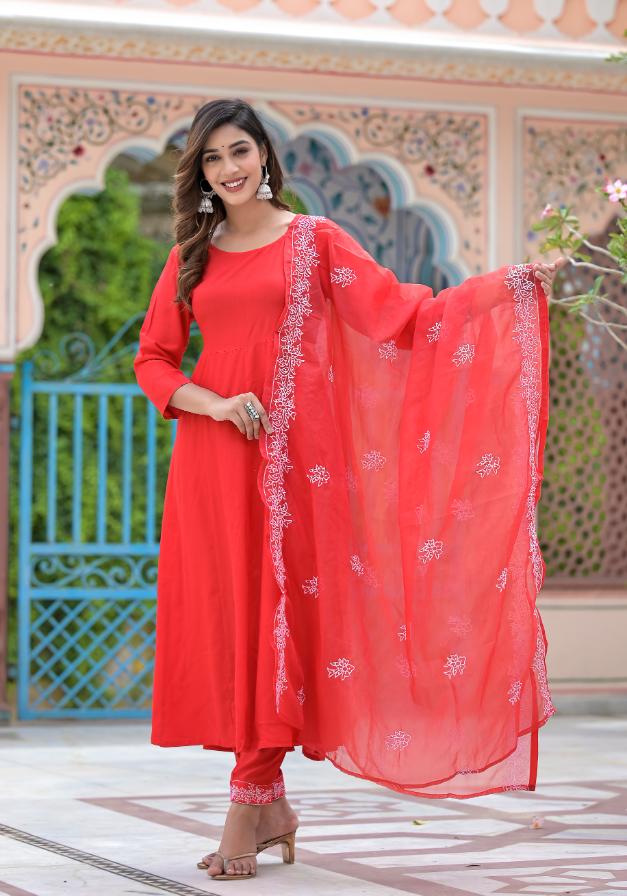 Rayon Anarkali Long Flared Gown pant dupatta set | | Shop stylish women's clothing online at Label Flavia |