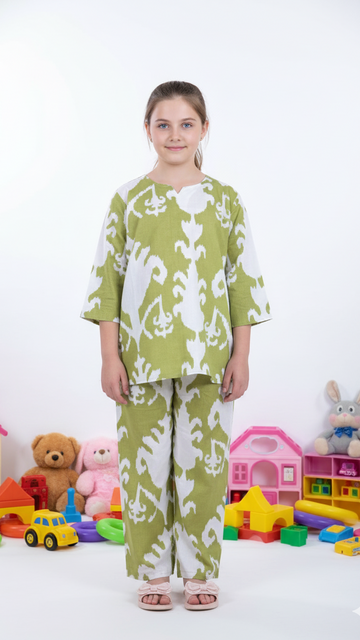 Olive Ikat Print Girl’s Co-ord Set – Olive & White