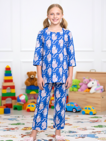 Blue Cat Print Girls Cord Set