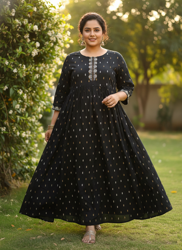 Black Celebration-Ready Anarkali Dress with Contrast Print