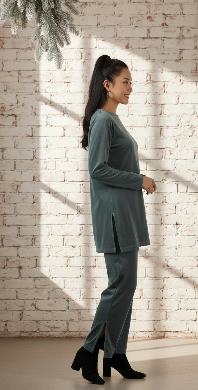 Grey Velvet Round Neck Co-ord Set