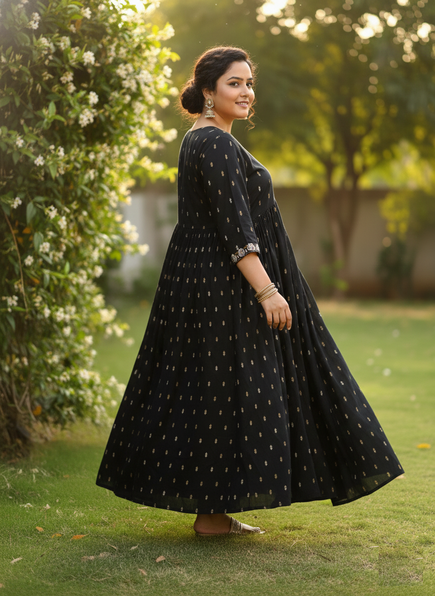 Black Celebration-Ready Anarkali Dress with Contrast Print