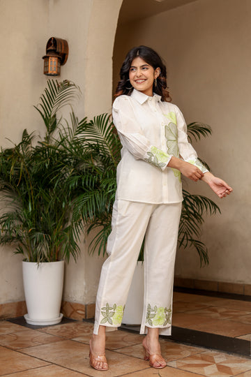 Hand-Embroidered White Cotton Co-ord Set – Luxe Comfort with Artisanal Detailing