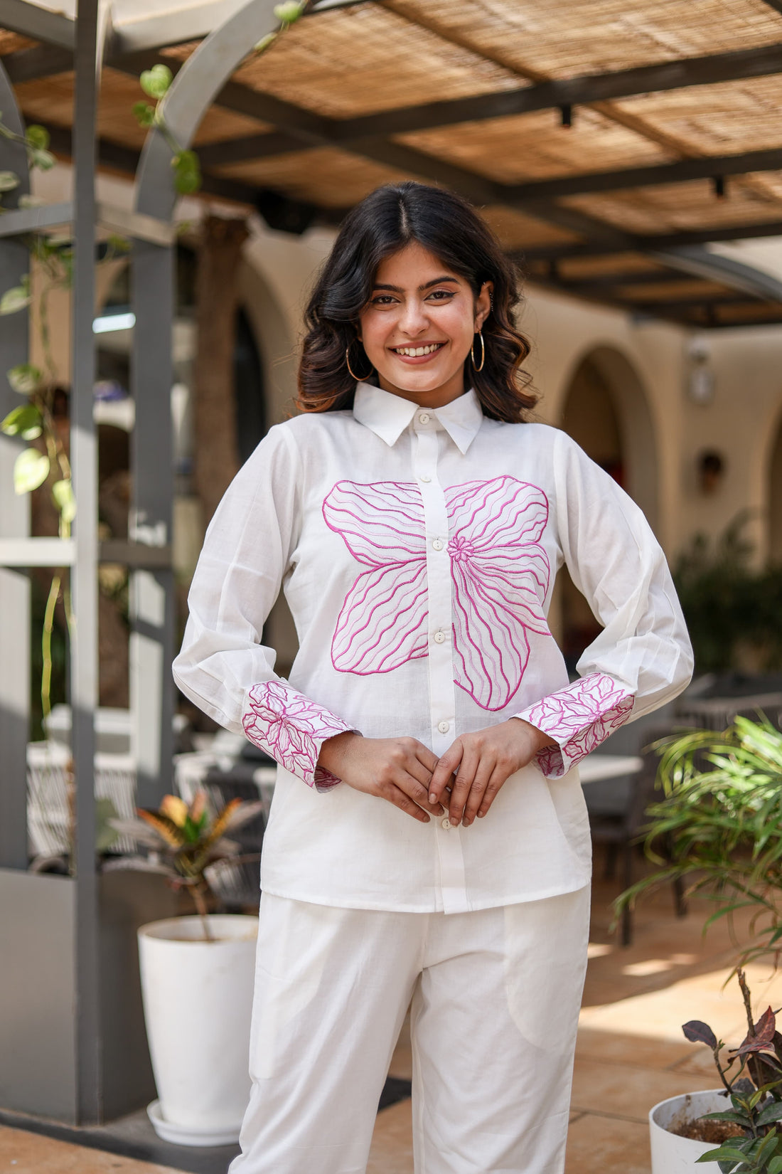 Hand-Embroidered White Cotton Co-ord Set – Luxe Comfort with Artisanal Detailing