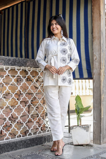 Hand-Embroidered White Cotton Co-ord Set – Luxe Comfort with Artisanal Detailing