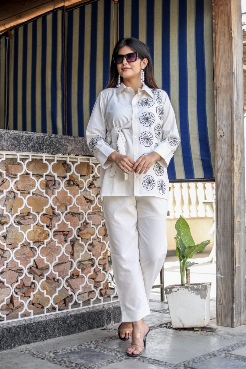 Hand-Embroidered White Cotton Co-ord Set – Luxe Comfort with Artisanal Detailing