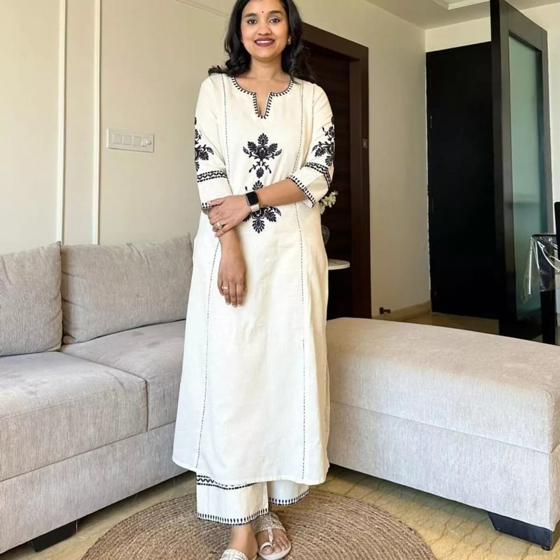 Elegant Hand-Embroidered Ivory Co-ord Set – Timeless Craftsmanship & Modern Comfort