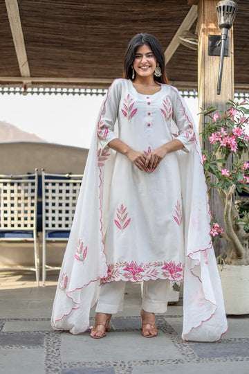 Hand-Embroidered Cotton Flax A-Line 3-Piece Kurta Set – Timeless Artistry & Everyday Luxury