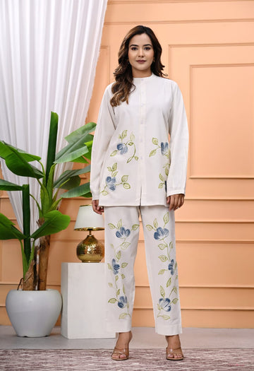 Hand Brush Painted Cotton Flax Co-ord Set – Artistic Elegance in Every Stroke