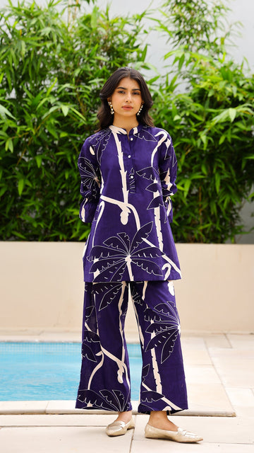 Midnight Palm Co-ord Set – Tropical Purple Cotton Coord