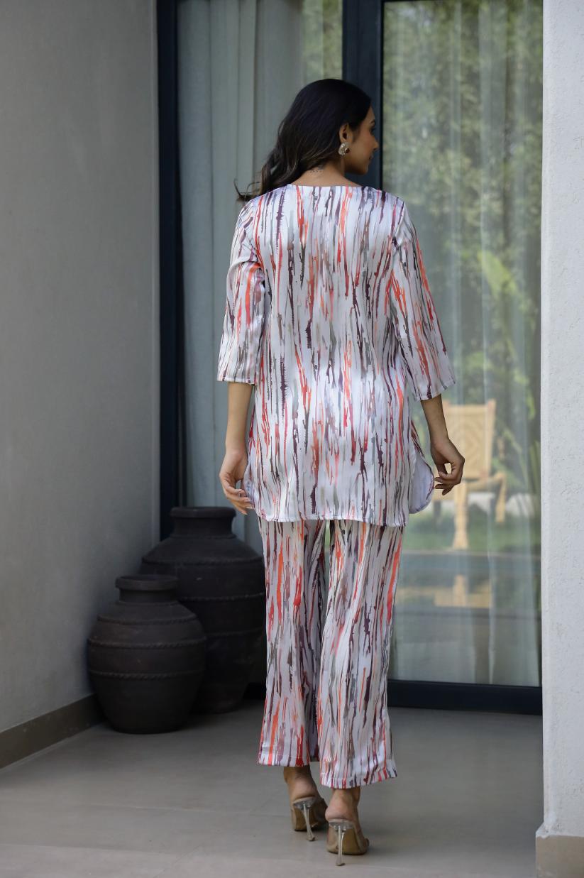Chic Abstract Satin Stripes Pajama Set - Modern & Stylish Nightwear | Co-Ord Set | Shop stylish women's clothing online at Label Flavia |