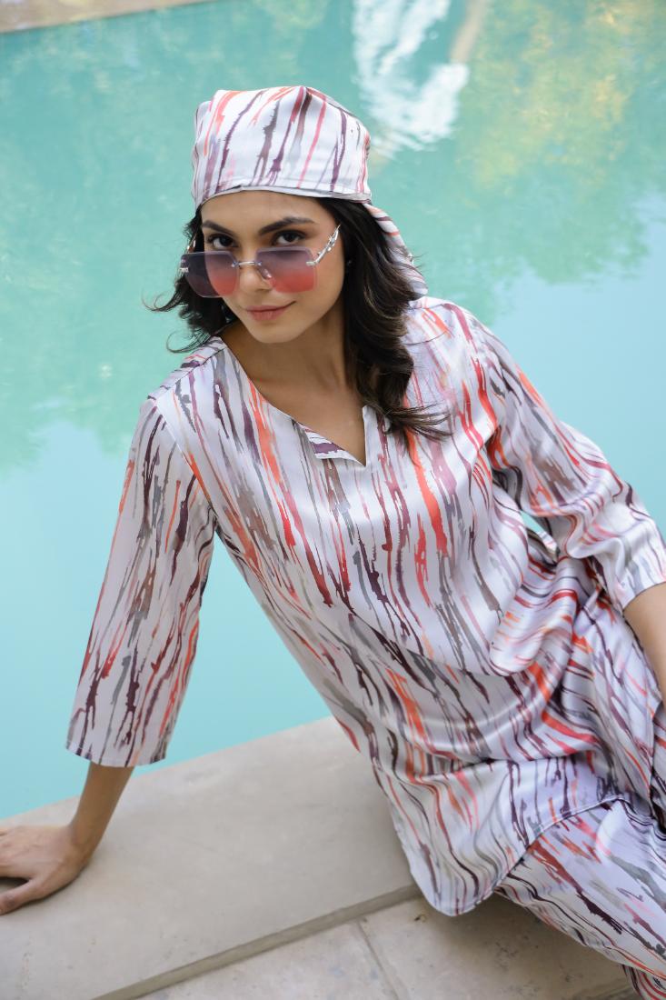 Chic Abstract Satin Stripes Pajama Set - Modern & Stylish Nightwear | Co-Ord Set | Shop stylish women's clothing online at Label Flavia |