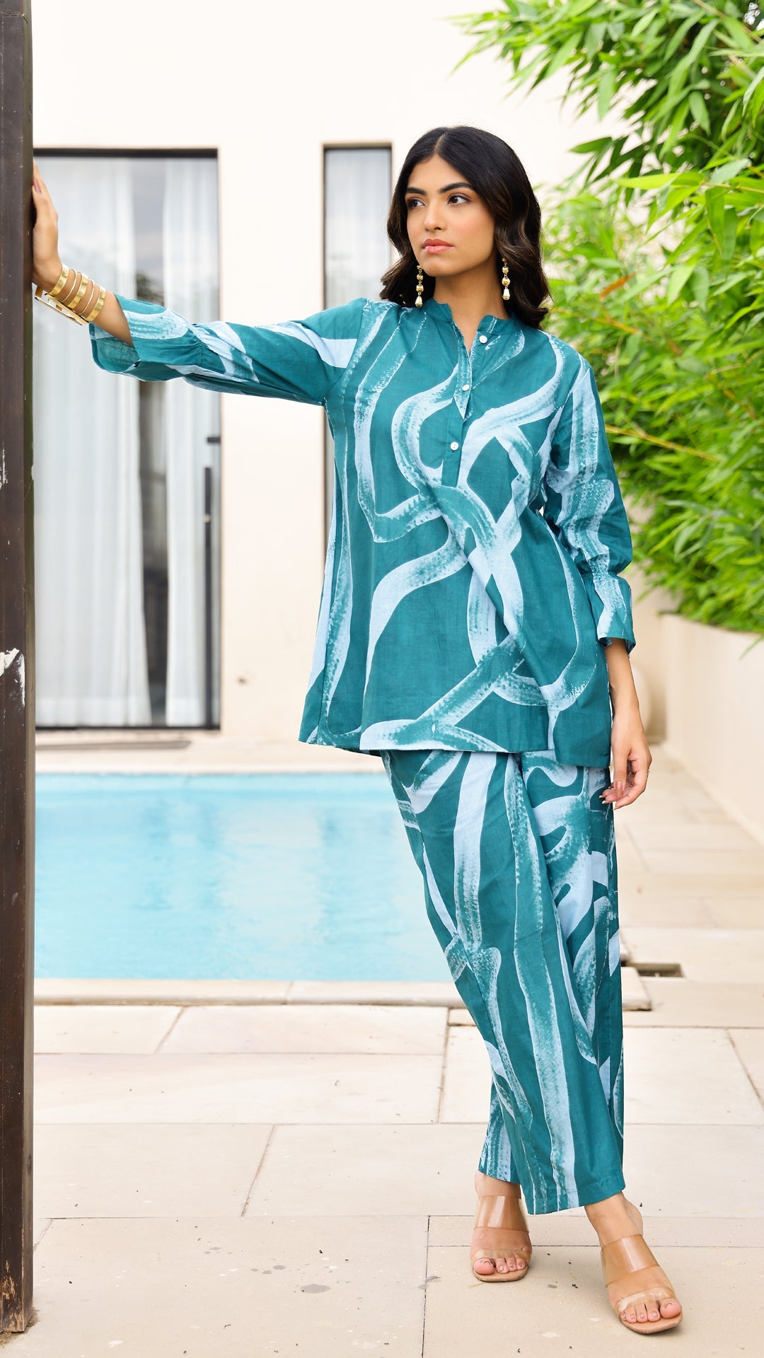 Teal Tide Co-ord Set – Aqua Abstract Cotton Set