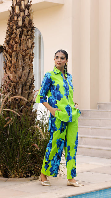 Lime Green & Royal Blue Bold Floral Cotton Co-Ord Set