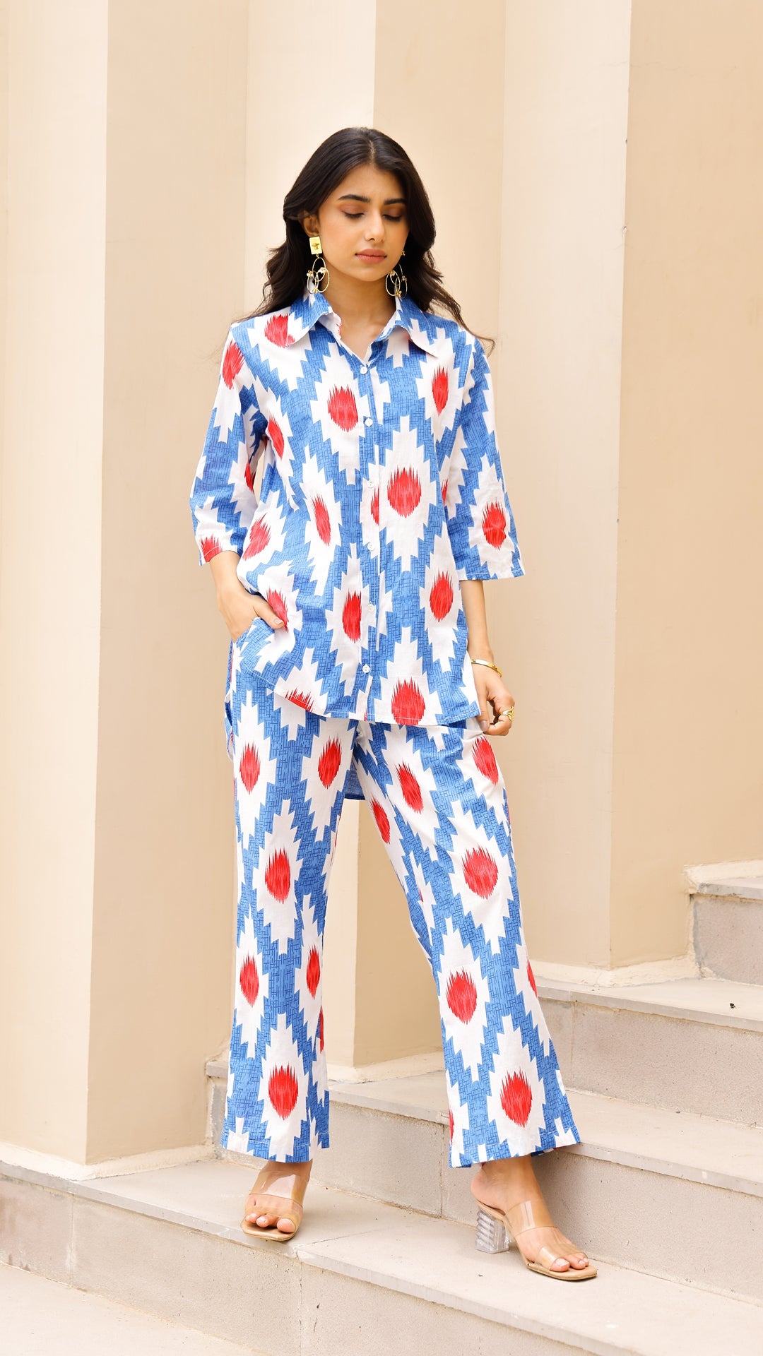 Tribal Bloom Co-ord Set – Red & Blue Ikat Cotton Set