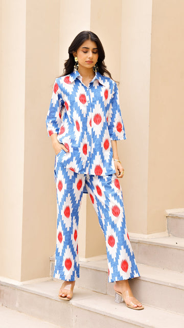 Tribal Bloom Co-ord Set – Red & Blue Ikat Cotton Set