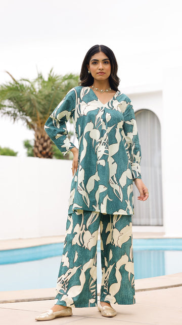 Tropical Leaf Co-ord Set – Teal & Ivory