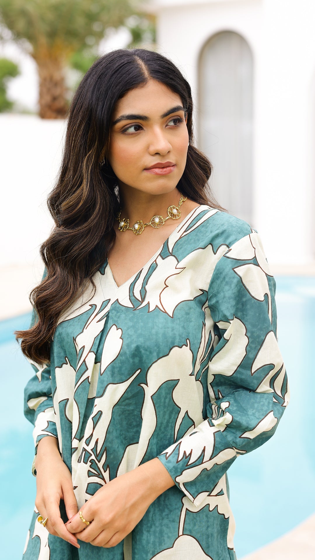 Tropical Leaf Co-ord Set – Teal & Ivory