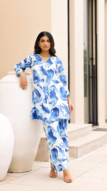 Watercolor Print Co-ord Set – Blue & White