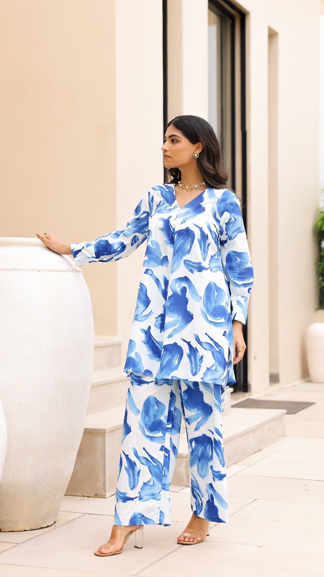 Watercolor Print Co-ord Set – Blue & White