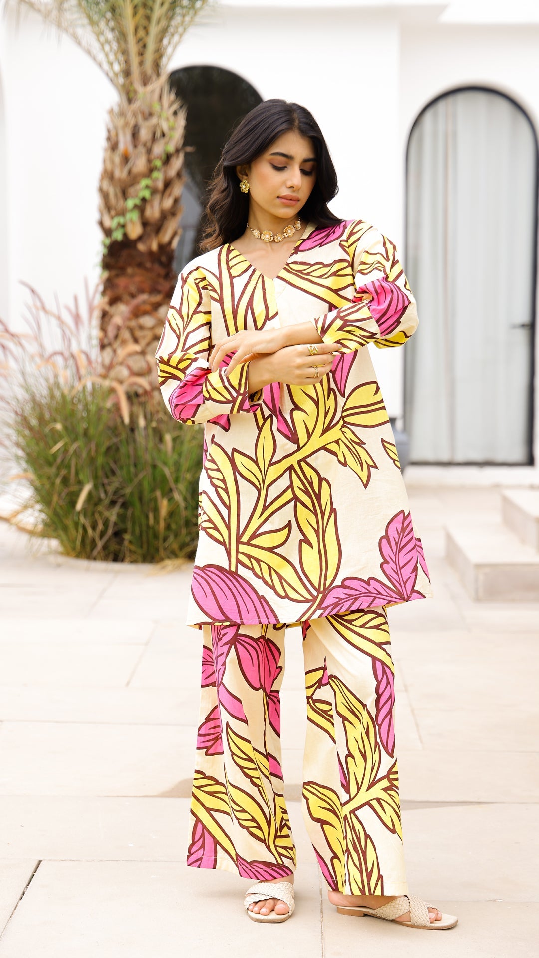 Yellow & Pink Tropical Leaf Co-ord Set – Summer Cotton Co-ord