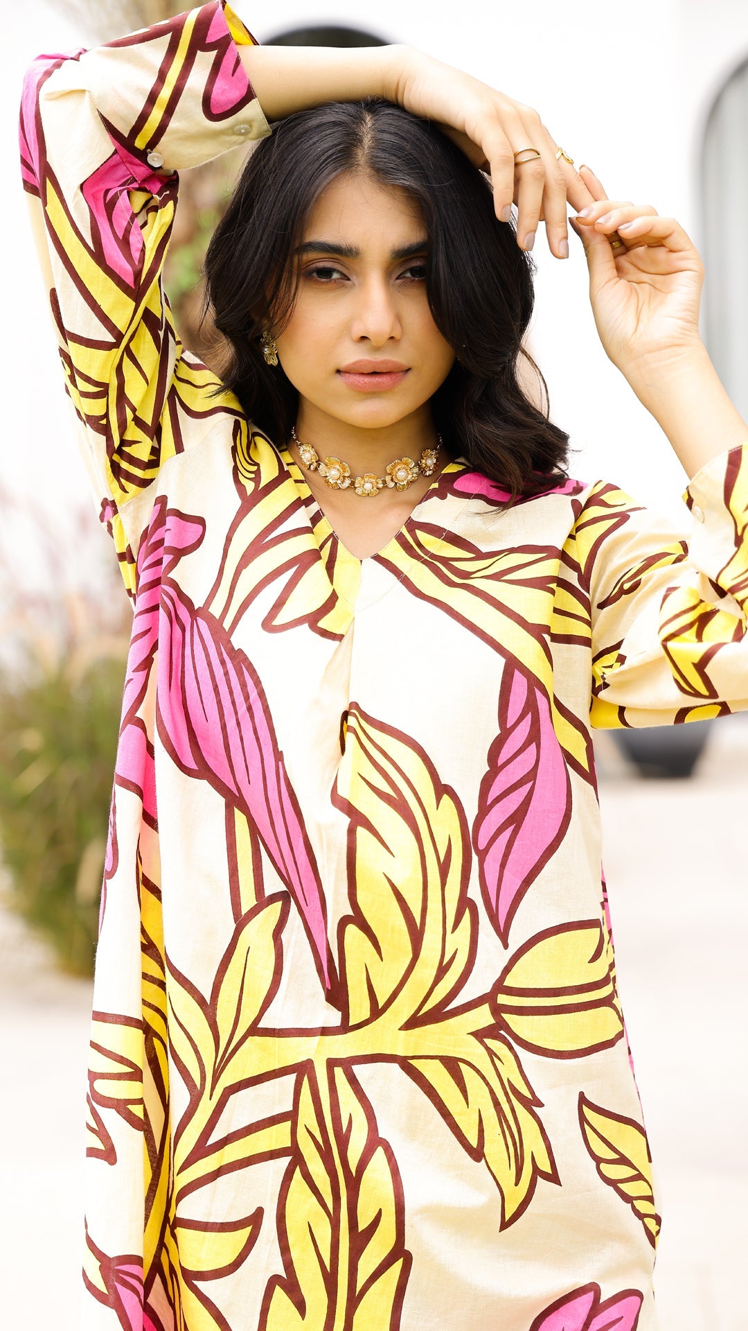 Yellow & Pink Tropical Leaf Co-ord Set – Summer Cotton Co-ord
