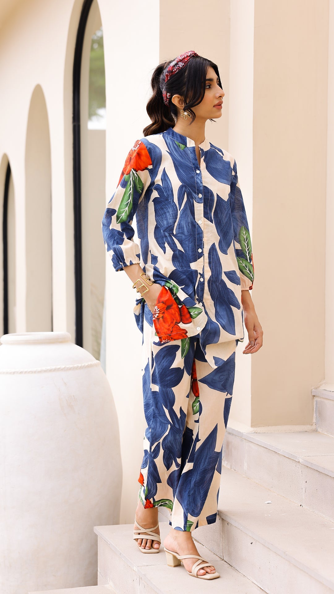 Ivory & Blue Oversized Leaf Co-ord Set