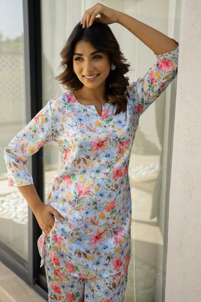 Floral Cotton Satin Pajama Set - Soft & Stylish Nightwear for Women | Co-Ord Set | Shop stylish women's clothing online at Label Flavia |