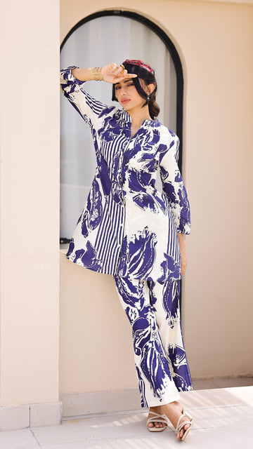 Ivory & Indigo Stripe Floral Co-ord Set