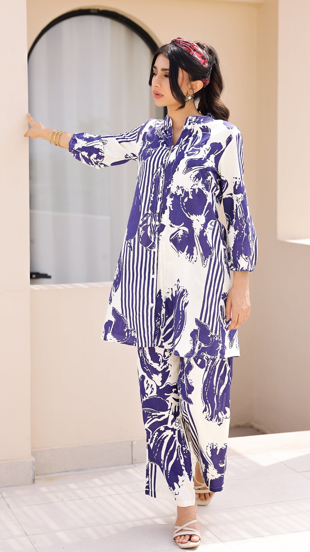 Ivory & Indigo Stripe Floral Co-ord Set