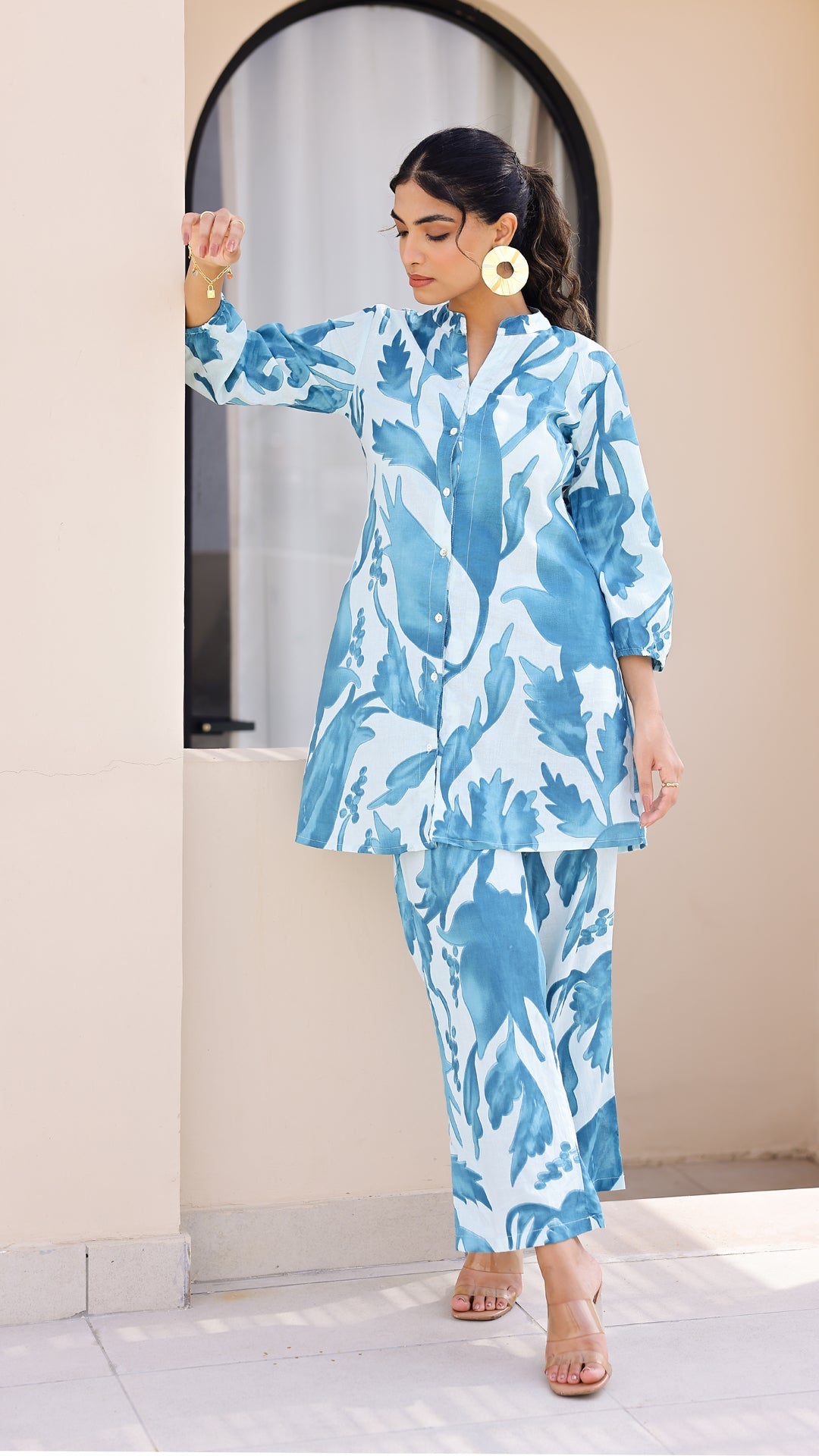 Sky Blue Oversized Leaf Print Co-ord Set