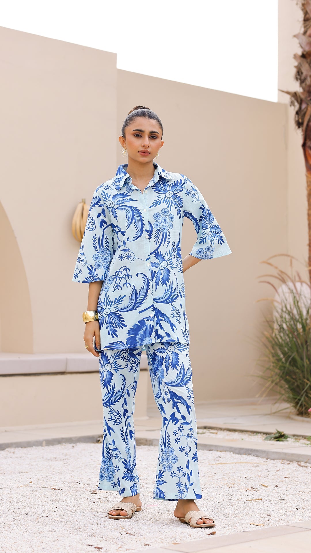 Sky Blue Hand-Drawn Floral Co-Ord Set – Cotton Comfortwear