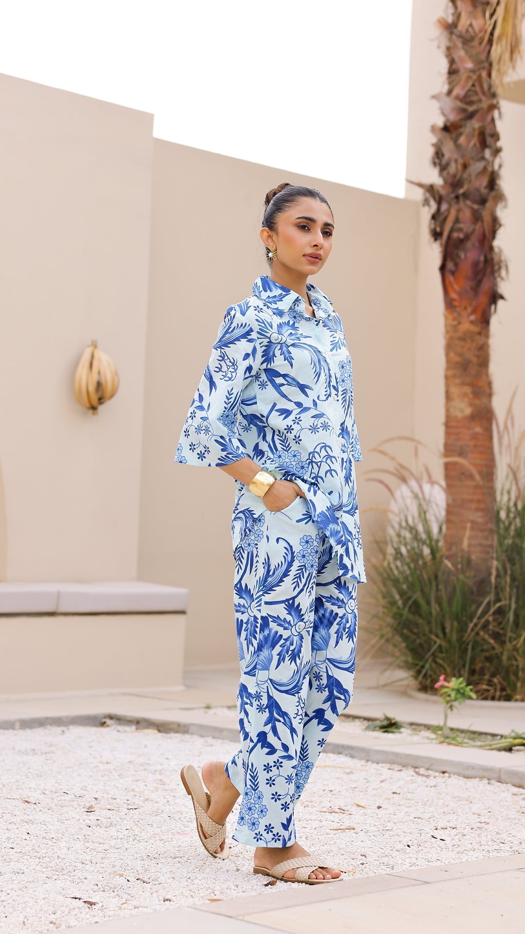 Sky Blue Hand-Drawn Floral Co-Ord Set – Cotton Comfortwear