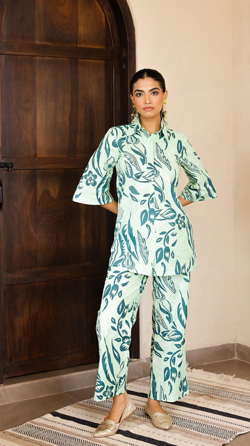 Mint Green Floral Co-Ord Set – Cotton Comfort Wear