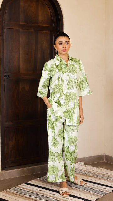 Olive Green Floral Co-Ord Set – Cotton Casual Chic