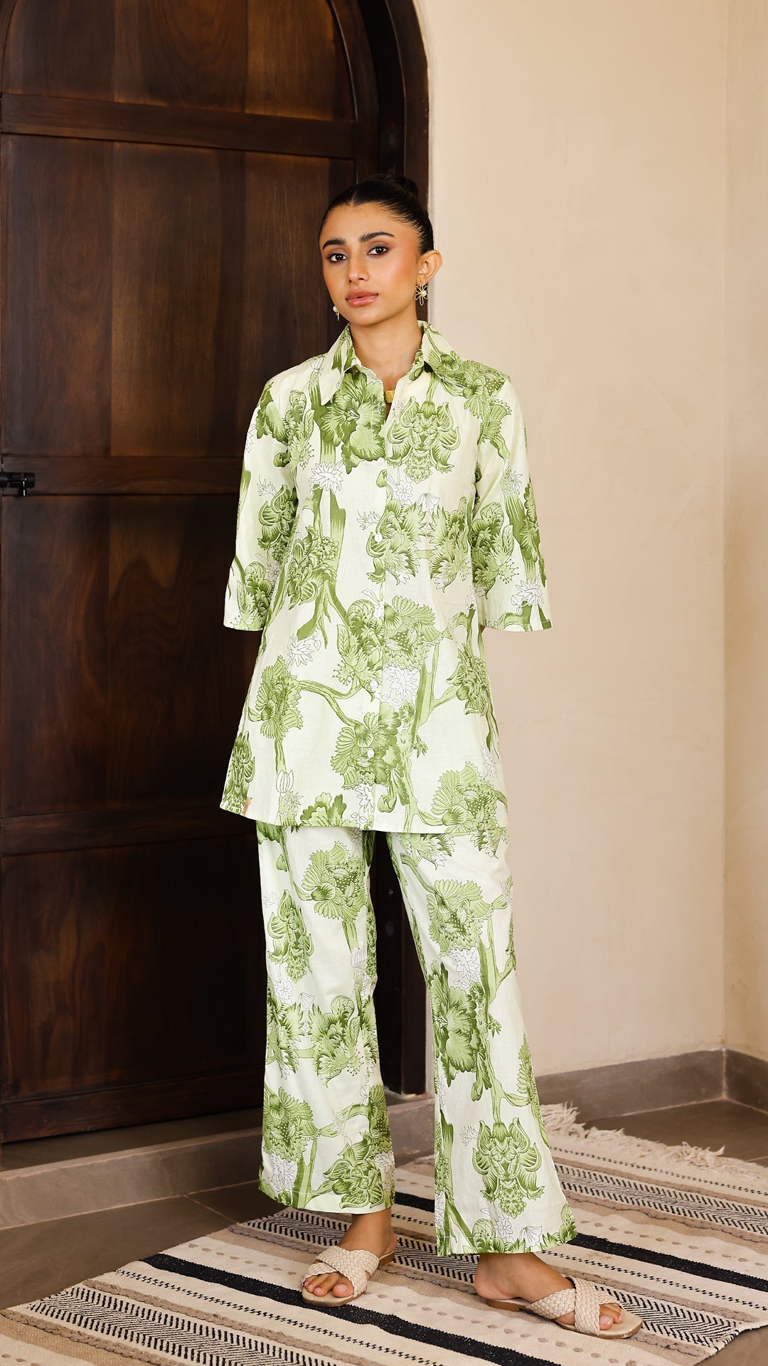 Olive Green Floral Co-Ord Set – Cotton Casual Chic